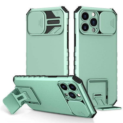 For iPhone 13 Pro Max 6.7 inch Adjustable Vertical Kickstand PC + TPU Case Camera Sliding Cover Phone Shell