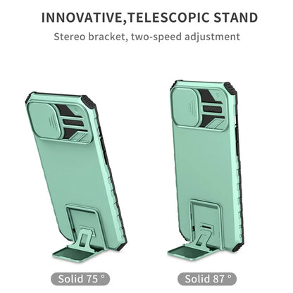 For iPhone 13 Pro Max 6.7 inch Adjustable Vertical Kickstand PC + TPU Case Camera Sliding Cover Phone Shell