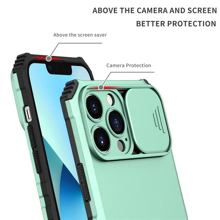 For iPhone 13 Pro Max 6.7 inch Adjustable Vertical Kickstand PC + TPU Case Camera Sliding Cover Phone Shell