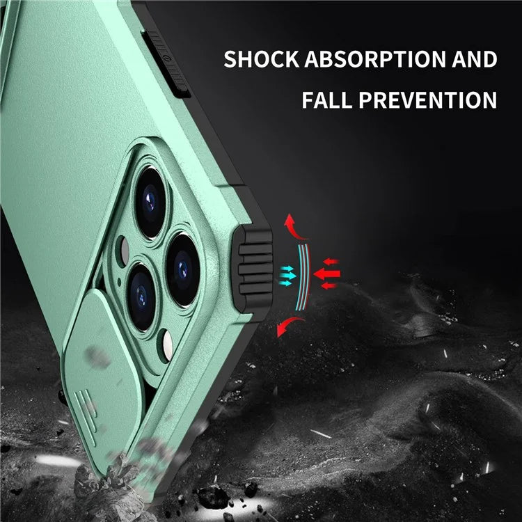 For iPhone 13 Pro Max 6.7 inch Adjustable Vertical Kickstand PC + TPU Case Camera Sliding Cover Phone Shell