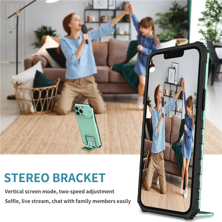 For iPhone 13 Pro Max 6.7 inch Adjustable Vertical Kickstand PC + TPU Case Camera Sliding Cover Phone Shell