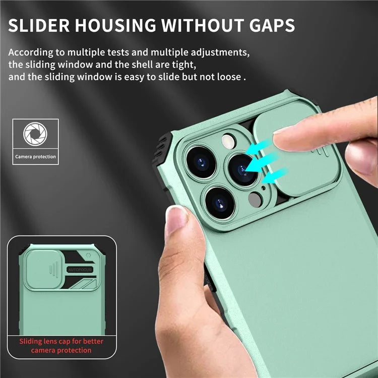 For iPhone 13 Pro Max 6.7 inch Adjustable Vertical Kickstand PC + TPU Case Camera Sliding Cover Phone Shell