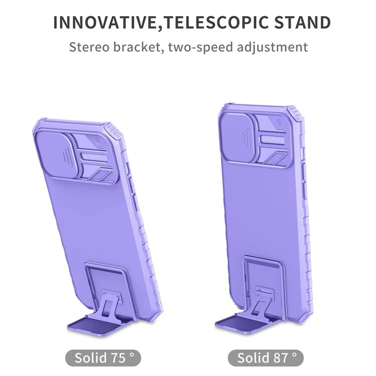 For iPhone 13 Pro Max 6.7 inch Adjustable Vertical Kickstand PC + TPU Case Camera Sliding Cover Phone Shell