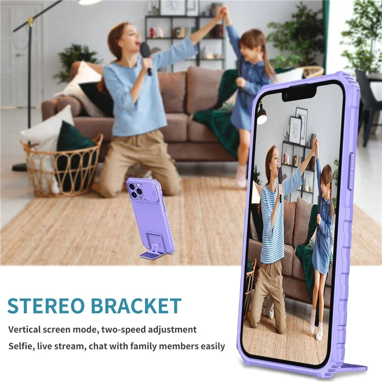For iPhone 13 Pro Max 6.7 inch Adjustable Vertical Kickstand PC + TPU Case Camera Sliding Cover Phone Shell