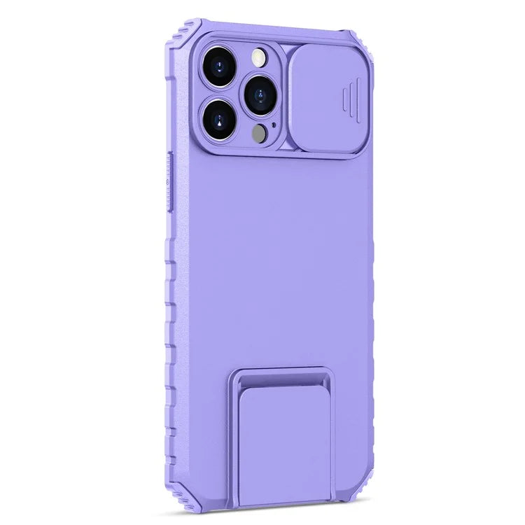 For iPhone 13 Pro Max 6.7 inch Adjustable Vertical Kickstand PC + TPU Case Camera Sliding Cover Phone Shell