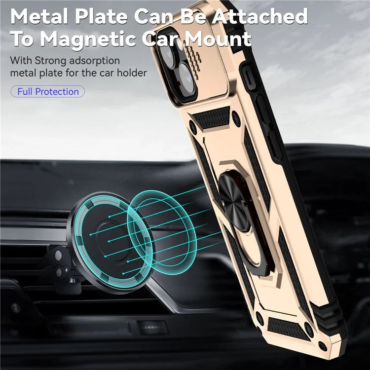 For iPhone 14 Plus Case PC + TPU Shockproof Kickstand Phone Cover with Slide Camera Lid