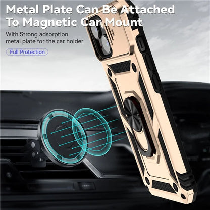 For iPhone 14 Plus Case PC + TPU Shockproof Kickstand Phone Cover with Slide Camera Lid