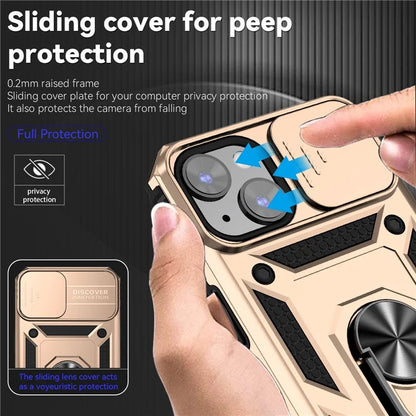 For iPhone 14 Plus Case PC + TPU Shockproof Kickstand Phone Cover with Slide Camera Lid