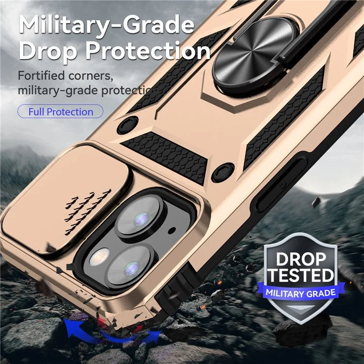For iPhone 14 Plus Case PC + TPU Shockproof Kickstand Phone Cover with Slide Camera Lid