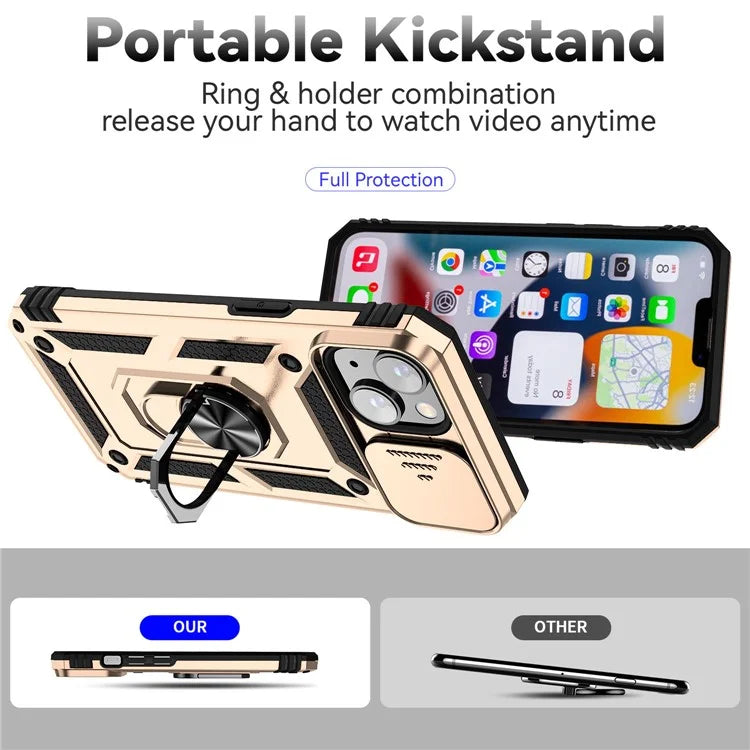 For iPhone 14 Plus Case PC + TPU Shockproof Kickstand Phone Cover with Slide Camera Lid