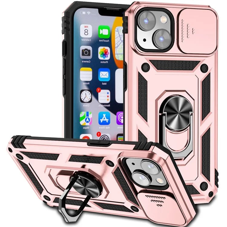 For iPhone 14 Plus Case PC + TPU Shockproof Kickstand Phone Cover with Slide Camera Lid