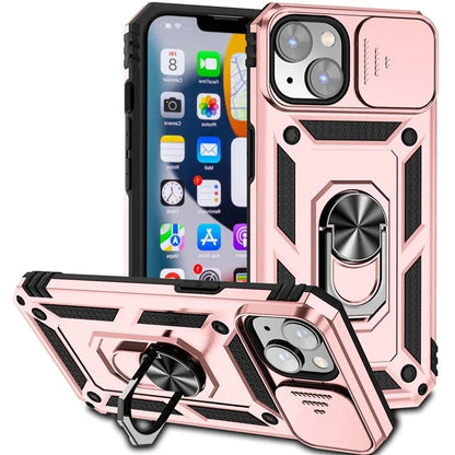 For iPhone 14 Plus Case PC + TPU Shockproof Kickstand Phone Cover with Slide Camera Lid