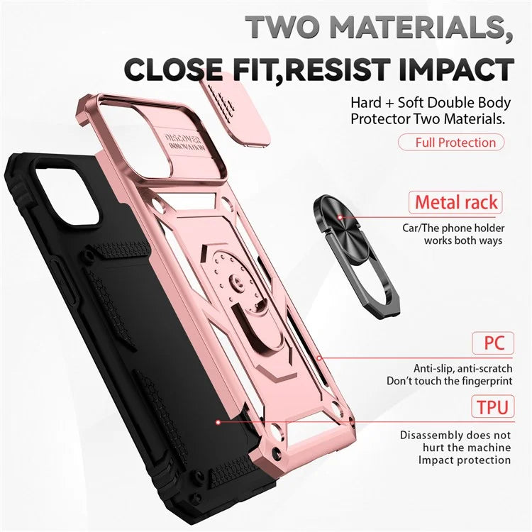 For iPhone 14 Plus Case PC + TPU Shockproof Kickstand Phone Cover with Slide Camera Lid