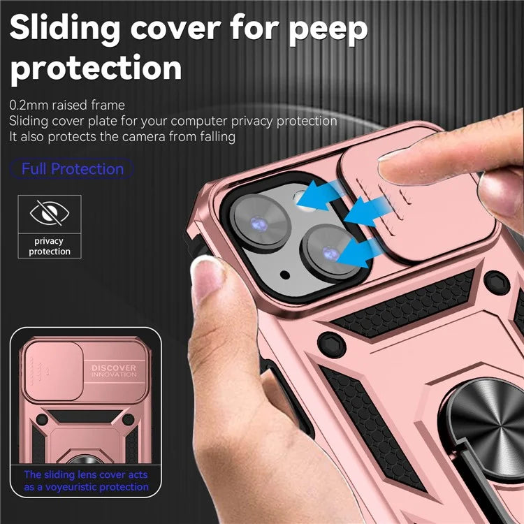 For iPhone 14 Plus Case PC + TPU Shockproof Kickstand Phone Cover with Slide Camera Lid
