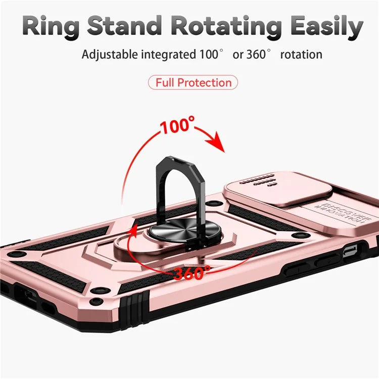 For iPhone 14 Plus Case PC + TPU Shockproof Kickstand Phone Cover with Slide Camera Lid