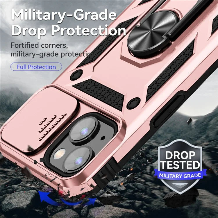 For iPhone 14 Plus Case PC + TPU Shockproof Kickstand Phone Cover with Slide Camera Lid