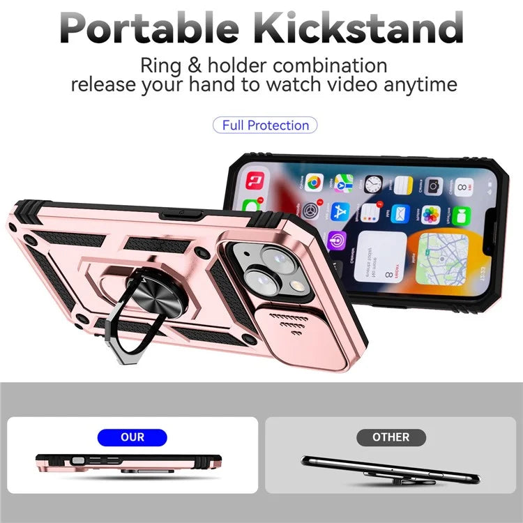 For iPhone 14 Plus Case PC + TPU Shockproof Kickstand Phone Cover with Slide Camera Lid