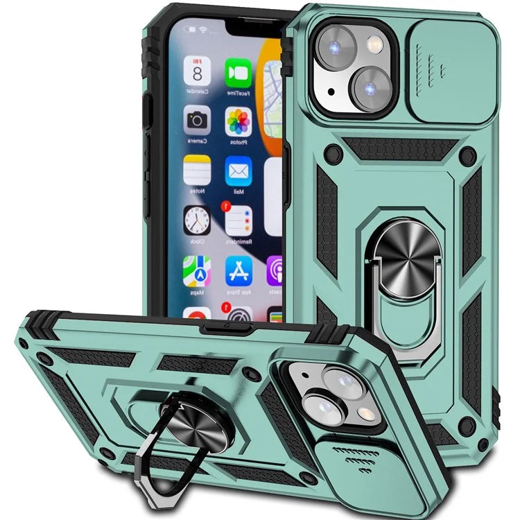 For iPhone 14 Plus Case PC + TPU Shockproof Kickstand Phone Cover with Slide Camera Lid