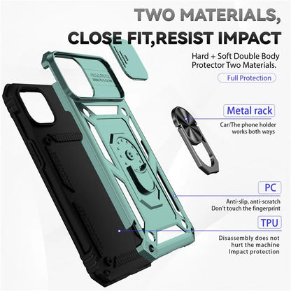 For iPhone 14 Plus Case PC + TPU Shockproof Kickstand Phone Cover with Slide Camera Lid