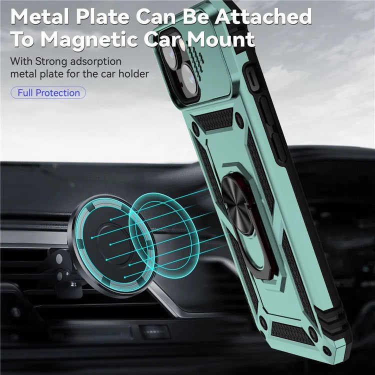 For iPhone 14 Plus Case PC + TPU Shockproof Kickstand Phone Cover with Slide Camera Lid