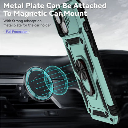 For iPhone 14 Plus Case PC + TPU Shockproof Kickstand Phone Cover with Slide Camera Lid