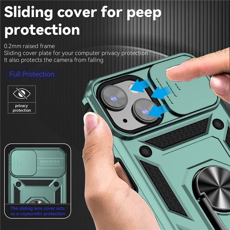 For iPhone 14 Plus Case PC + TPU Shockproof Kickstand Phone Cover with Slide Camera Lid