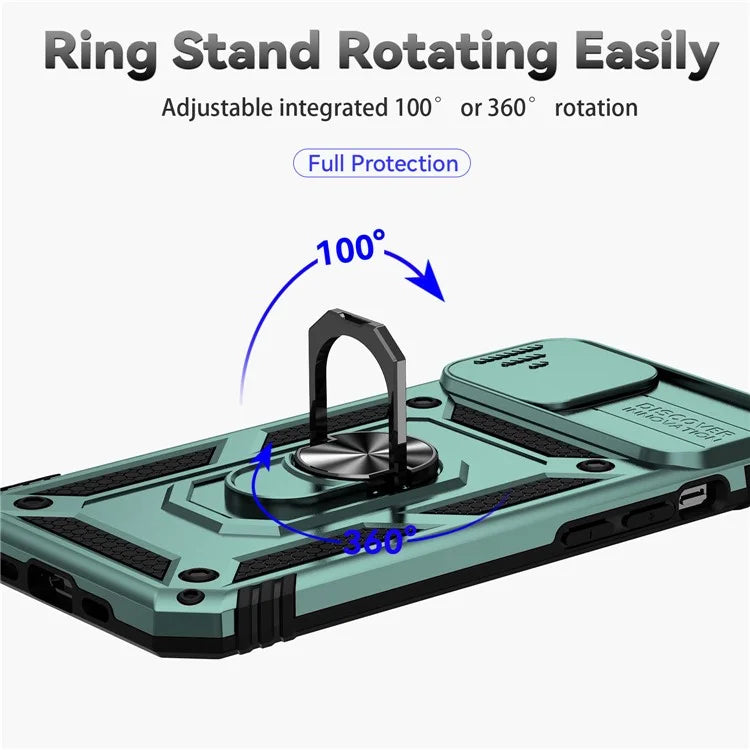 For iPhone 14 Plus Case PC + TPU Shockproof Kickstand Phone Cover with Slide Camera Lid