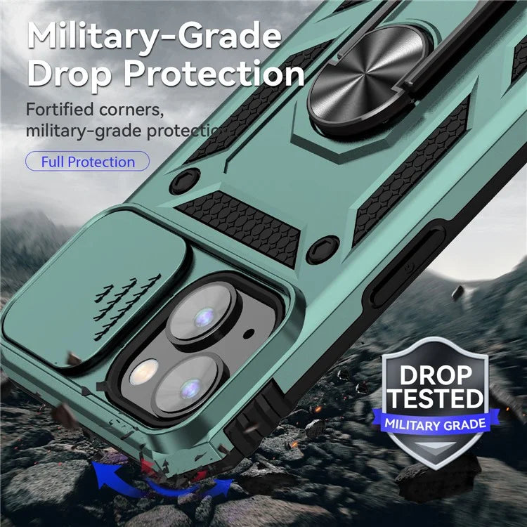 For iPhone 14 Plus Case PC + TPU Shockproof Kickstand Phone Cover with Slide Camera Lid