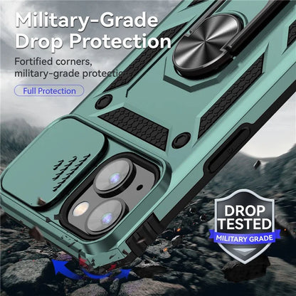 For iPhone 14 Plus Case PC + TPU Shockproof Kickstand Phone Cover with Slide Camera Lid