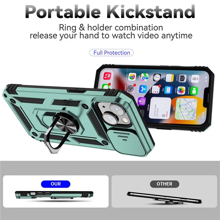 For iPhone 14 Plus Case PC + TPU Shockproof Kickstand Phone Cover with Slide Camera Lid