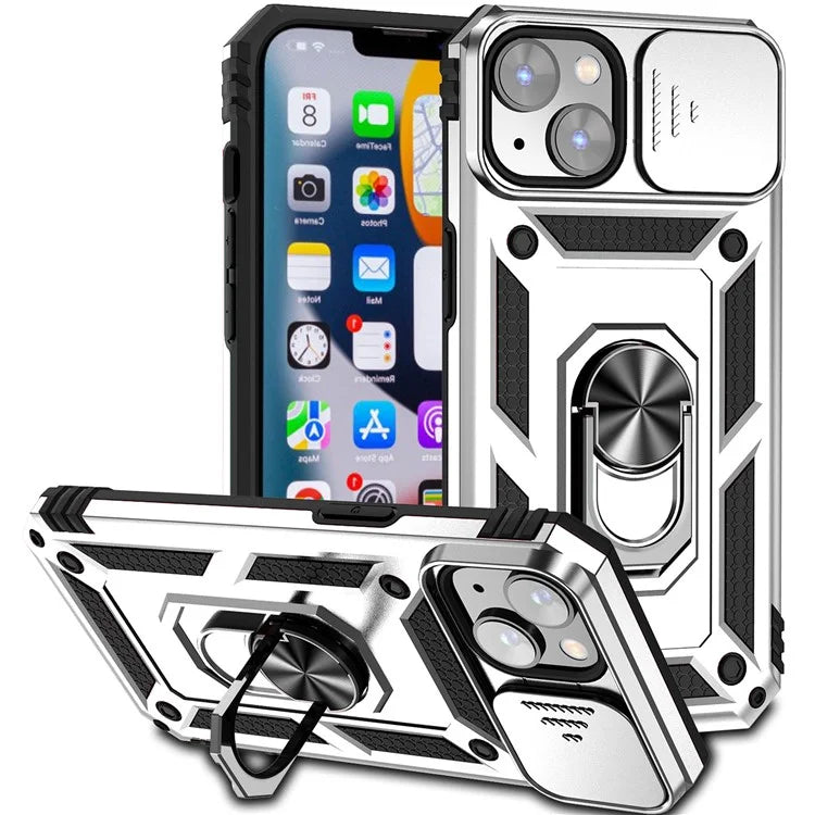 For iPhone 14 Plus Case PC + TPU Shockproof Kickstand Phone Cover with Slide Camera Lid