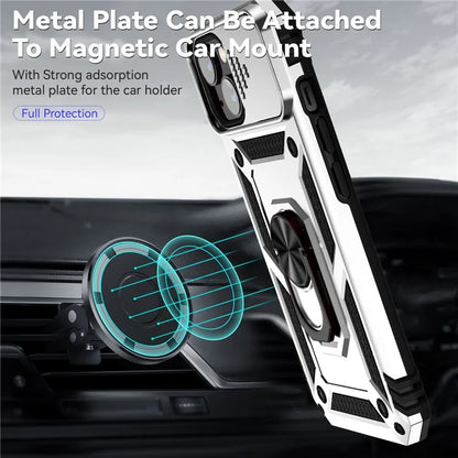 For iPhone 14 Plus Case PC + TPU Shockproof Kickstand Phone Cover with Slide Camera Lid