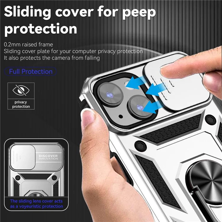 For iPhone 14 Plus Case PC + TPU Shockproof Kickstand Phone Cover with Slide Camera Lid