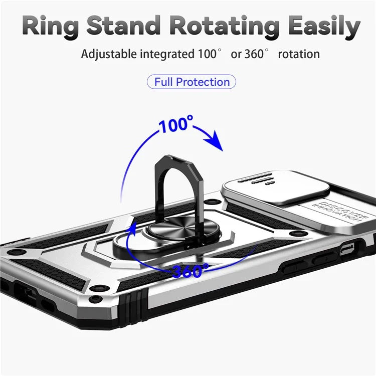 For iPhone 14 Plus Case PC + TPU Shockproof Kickstand Phone Cover with Slide Camera Lid