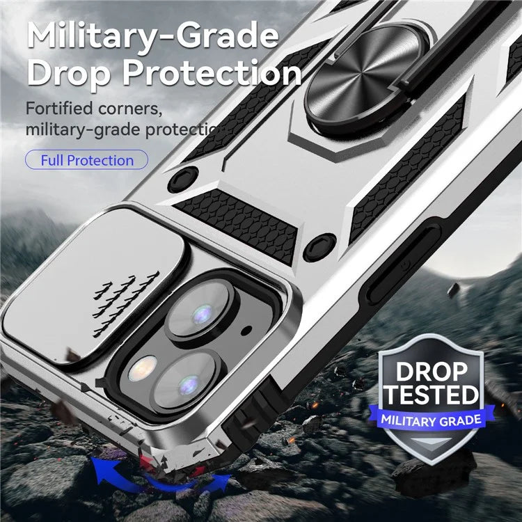 For iPhone 14 Plus Case PC + TPU Shockproof Kickstand Phone Cover with Slide Camera Lid