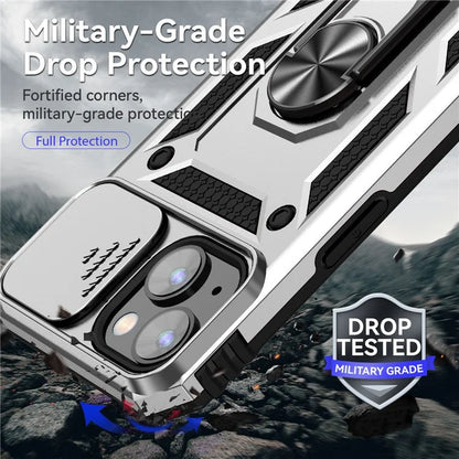 For iPhone 14 Plus Case PC + TPU Shockproof Kickstand Phone Cover with Slide Camera Lid