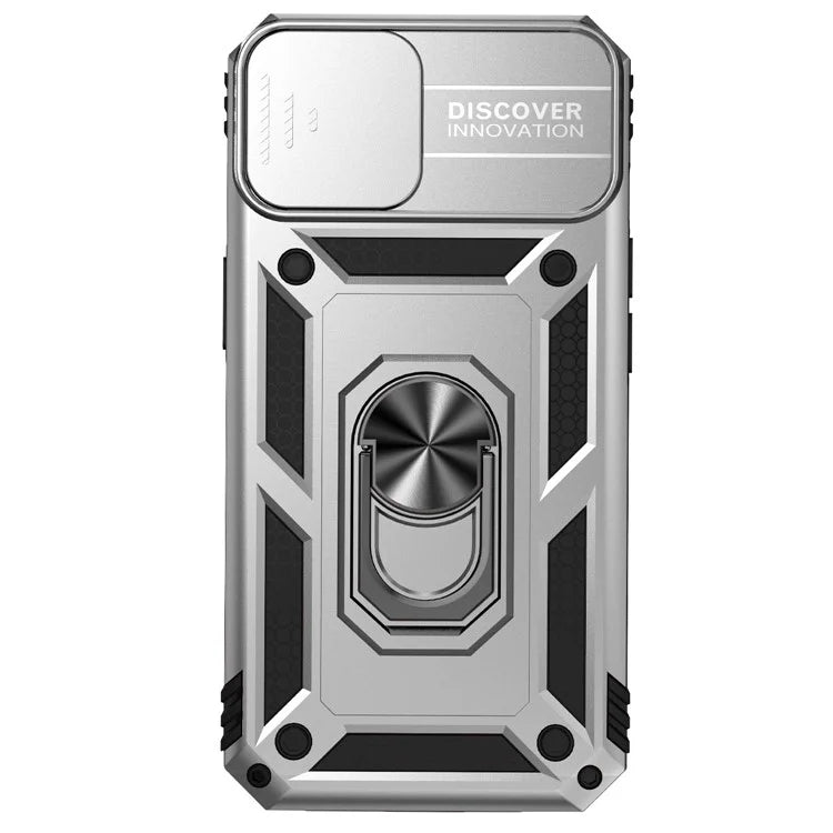 For iPhone 14 Plus Case PC + TPU Shockproof Kickstand Phone Cover with Slide Camera Lid