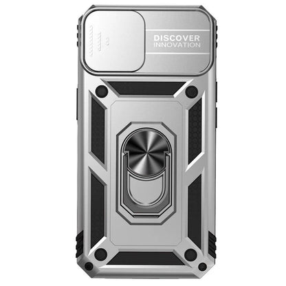 For iPhone 14 Plus Case PC + TPU Shockproof Kickstand Phone Cover with Slide Camera Lid