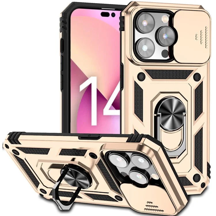 For iPhone 14 Pro Max Case Anti-drop PC+TPU Kickstand Phone Cover with Slide Camera Lid
