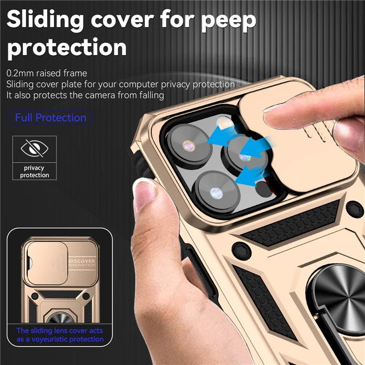 For iPhone 14 Pro Max Case Anti-drop PC+TPU Kickstand Phone Cover with Slide Camera Lid