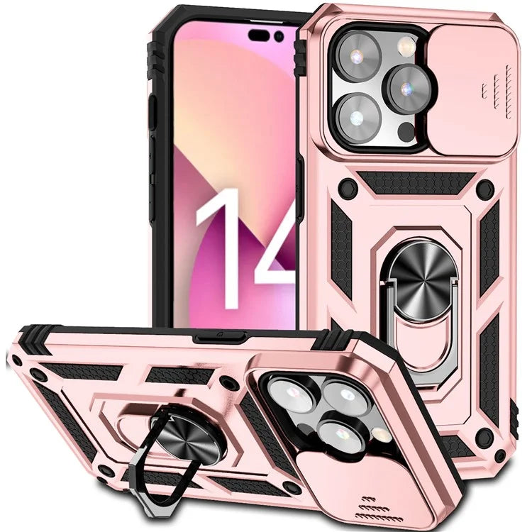 For iPhone 14 Pro Max Case Anti-drop PC+TPU Kickstand Phone Cover with Slide Camera Lid