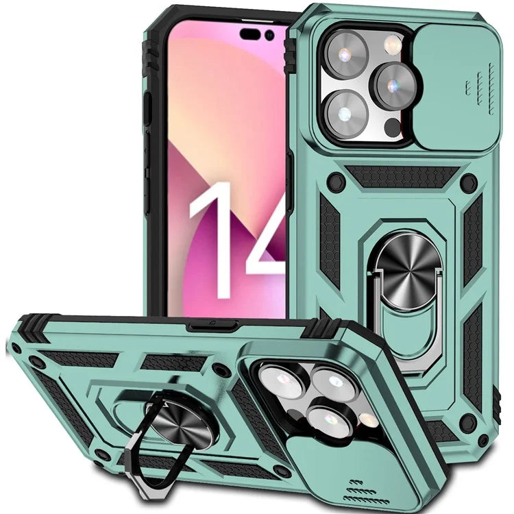 For iPhone 14 Pro Max Case Anti-drop PC+TPU Kickstand Phone Cover with Slide Camera Lid