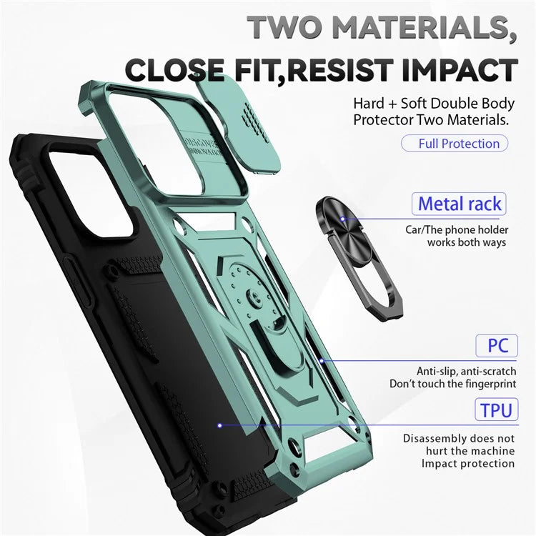 For iPhone 14 Pro Max Case Anti-drop PC+TPU Kickstand Phone Cover with Slide Camera Lid