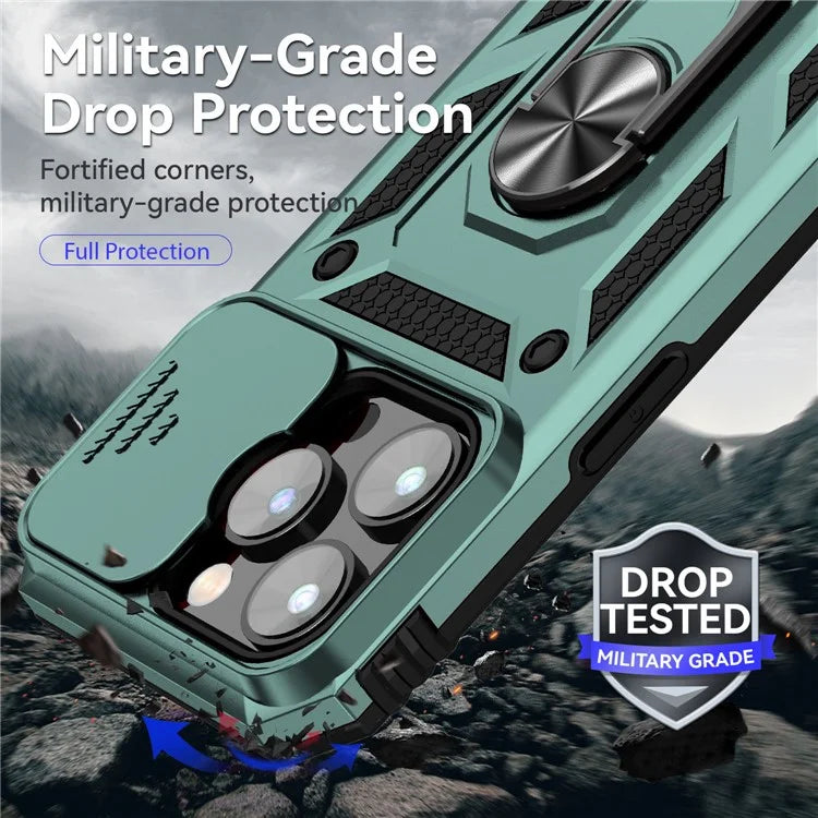 For iPhone 14 Pro Max Case Anti-drop PC+TPU Kickstand Phone Cover with Slide Camera Lid