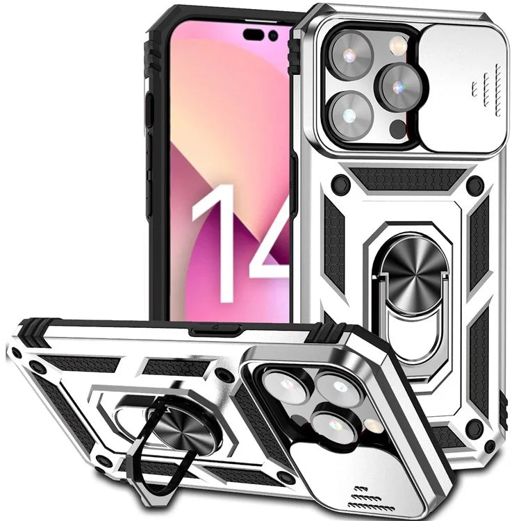 For iPhone 14 Pro Max Case Anti-drop PC+TPU Kickstand Phone Cover with Slide Camera Lid