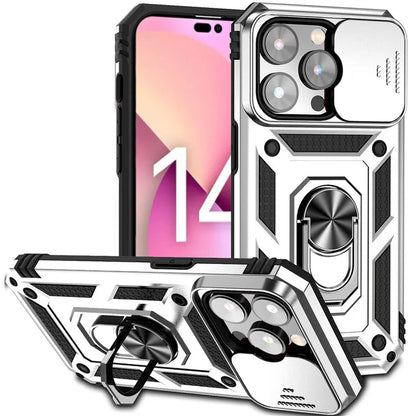 For iPhone 14 Pro Max Case Anti-drop PC+TPU Kickstand Phone Cover with Slide Camera Lid