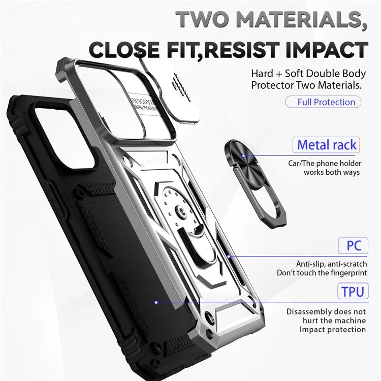 For iPhone 14 Pro Max Case Anti-drop PC+TPU Kickstand Phone Cover with Slide Camera Lid
