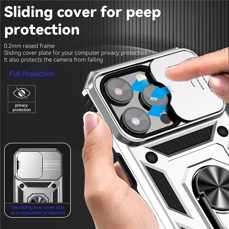 For iPhone 14 Pro Max Case Anti-drop PC+TPU Kickstand Phone Cover with Slide Camera Lid