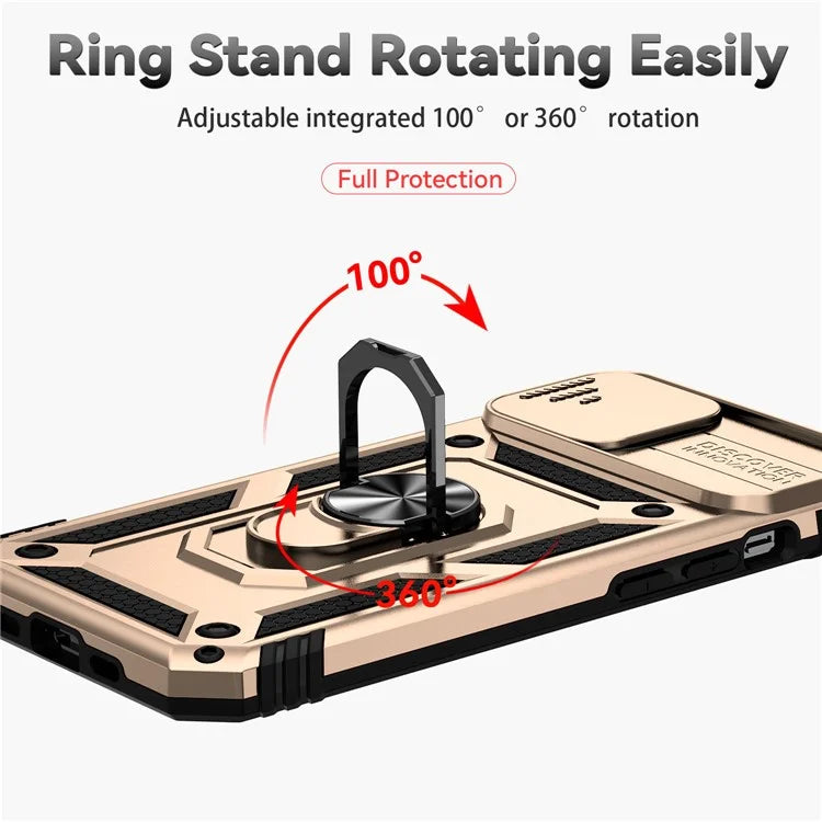 For iPhone 14 Case PC + TPU Rotary Ring Kickstand Phone Cover with Slide Camera Guard