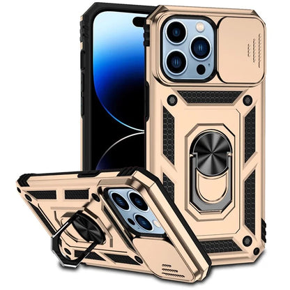 For iPhone 14 Pro Case PC + TPU Ring Kickstand Phone Cover with Slide Camera Shield